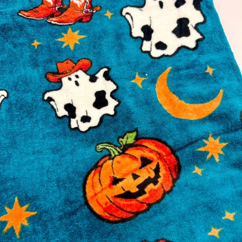 Wrangler Halloween Towel Set 4pc Teal Cowboy Ghost Pumpkin Cactus Cotton NEW